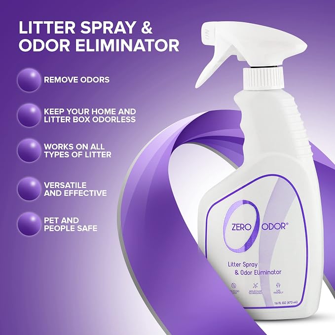 Zero Odor Litter Box Odor Eliminator Spray, Cat Litter Deodorizer, 16 oz | Cat Litter Box Deodorizer Spray, Molecular Technology - Safe for All Litter, Carpets & Rugs