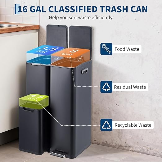 Garvee 3 Compartment Trash Can, 16 Gal Garbage and Recycle Bin Combo | 3 in 1, Triple Bins, Stainless Steel, Soft Close Lid & Foot Pedal, Removable Inner Buckets, for Home Kitchen Office, Black