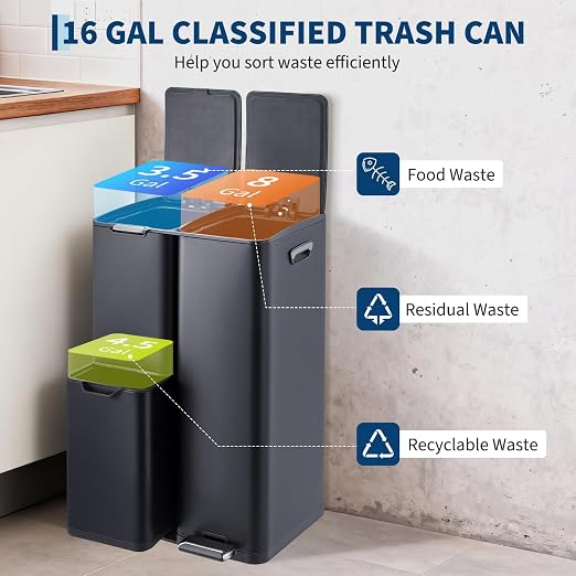 TrailBlaze Triple Compartment Stainless Steel Trash & Recycling Bin Combo – 16 Gallon, Removable Inner Buckets, Collapsible Foot Pedal – Kitchen, Home, Office, Indoor Use