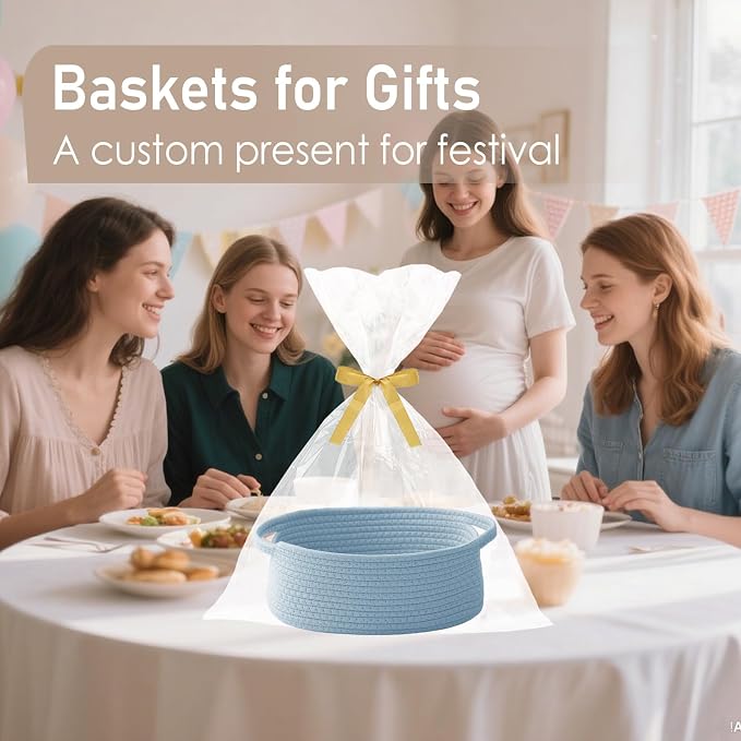 JMvicyroam Small Woven Basket, Empty Gift Basket, Blue/2 Pack | Small Gift Basket, Cotton Rope, 12 x 8 x 31 in, Handles, Includes Ribbon and Bag, Birthday Gift Basket