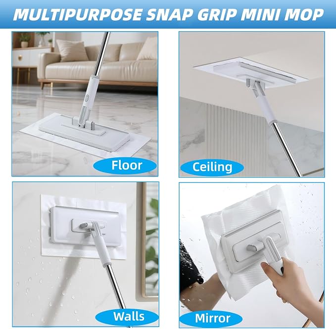 4 in 1 Snap Grip Mini Mop with Squeegee, Floor Scrub Brush with Long Handle | Click Mop, 2 Shiny Towels Wipes Cleaning Cloths, 2 Crevice Brush, Snap Grip Mop for Windows Car Glass Floor Shower Bathroom