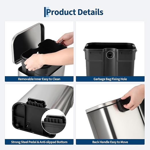 Takywep Kitchen Trash Can, Stainless Steel Fingerprint Proof Soft Close Recycling Bin with Foot Pedal & Removable Inner Bucket, Rectangular Waste Bin for Home Office Bathroom Restaurant