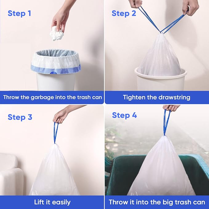 Trash Bag 8 Gallon Medium Drawstring Garbage Bags for 8 Gallon Trash Cans, Kitchen Bedroom Bathroom Living room Office Restaurant Thickened Stretchy (60 Count)