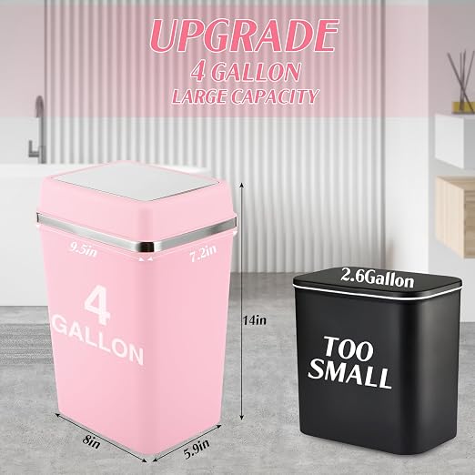 Bathroom Trash Can with Lid 4 Gallon Pink Trash Can with Swing Lid Bedroom Trash Can Small Garbage Can with 150 Counts Trash Bags for Bathroom Bedroom Office Restroom Dorm