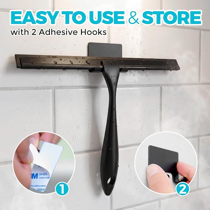 2pcs Shower Squeegee for Glass Doors with Adhesive Hanging Hook Set | 10” Black, Bathroom Accessories, Window Cleaner, New Home Essentials, Soft Rubber Blade, Metal Handle, Ergonomic Grip