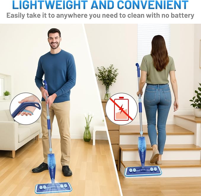 Microfiber Hardwood Floor Mop - Spray Mop with 4 Washable Pads | Wet Dry Use Mop, For Tile Wood Laminate Vinyl Marble Multi-Surface, 500+ ML Refillable Bottle, 360° Swivel Head, Dark Blue