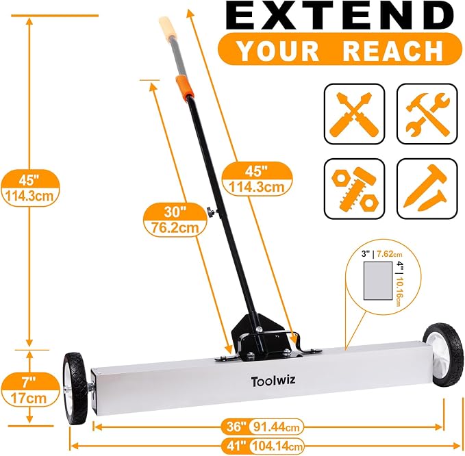 Toolwiz 36" Magnetic Sweeper with Wheels, 50 Lbs Capacity Quick Release | Rolling Magnetic Floor Sweeper, Telescoping Holder, Quick Release Latch, Industrial Heavy Duty Metal Pick Up