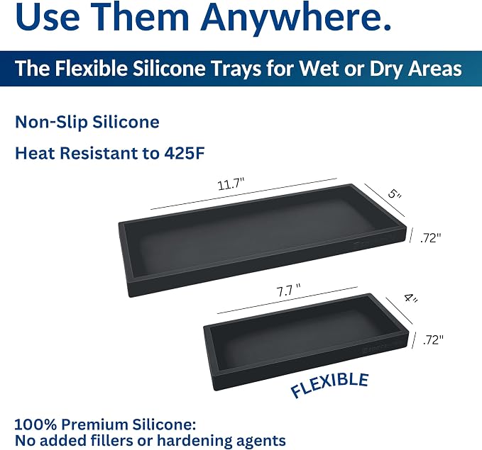 Spacewiser Countertop & Vanity Silicone Tray – 2 PC (11.7" & 7.7") Set | Bathroom Tray & Kitchen Soap Tray Set, Bathroom Counter Tray, Kitchen Sink Dish Soap Tray for Countertop Organization