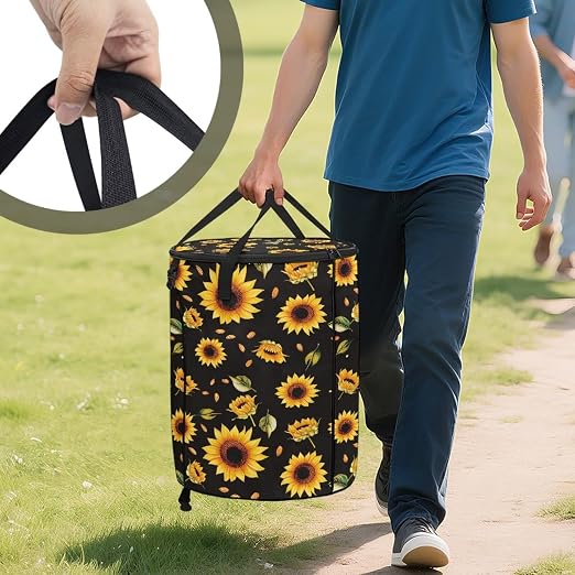 BIGCARJOB Sunflower Collapsible Trash Can Portable Tall Trash Can Oval Recycling Bin 22.83x17.71 Outside Garbage Bin Storage Bag with Clip and Zipper Lid