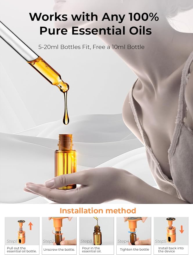 Waterless Essential Oil Diffuser: 𝟗-𝐂𝐨𝐥𝐨𝐫 𝐋𝐄𝐃 Orange | Portable Scent Diffuser - No Water No Heat For Pure Aroma - 48H Battery 3 Mist Levels & 4 Timers for Car Office