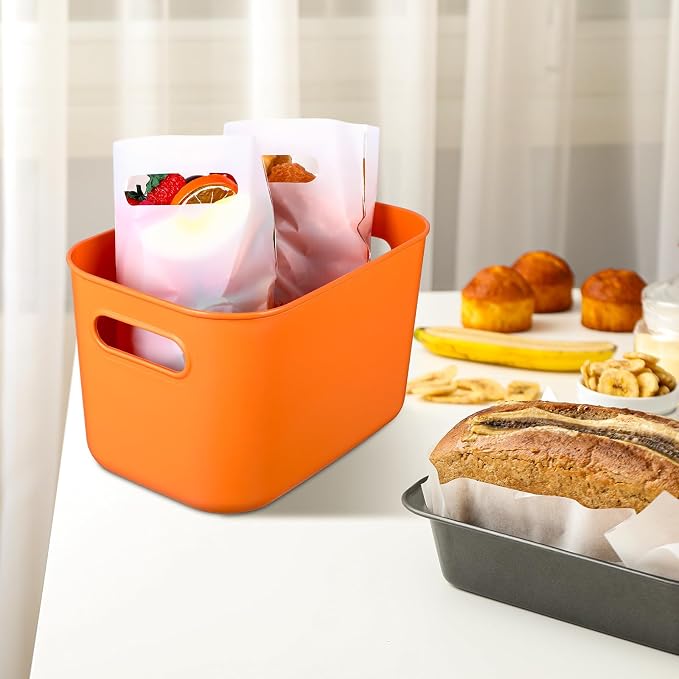 Hoolerry 8 Pack Storage Bins, 10.2 X 7 X 6.3 Inch Orange | Plastic Stackable Containers with Lid Handle, For Shelves Desktop Playroom Office, Organizing Toys Books Supplies Storage