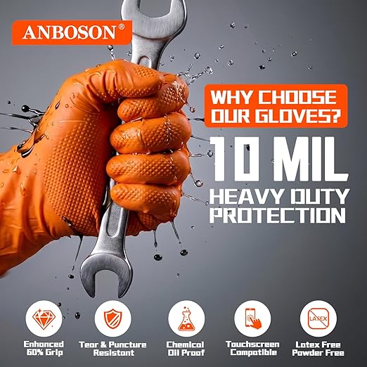 10 Mil Heavy Duty Industrial Nitrile Gloves, Orange Medium 500 Ct | 500 Ct Diamond Texture, Disposable Latex Free Rubber Gloves for Auto Repair,Workshop,Warehouses,Chemical Handling Industrial