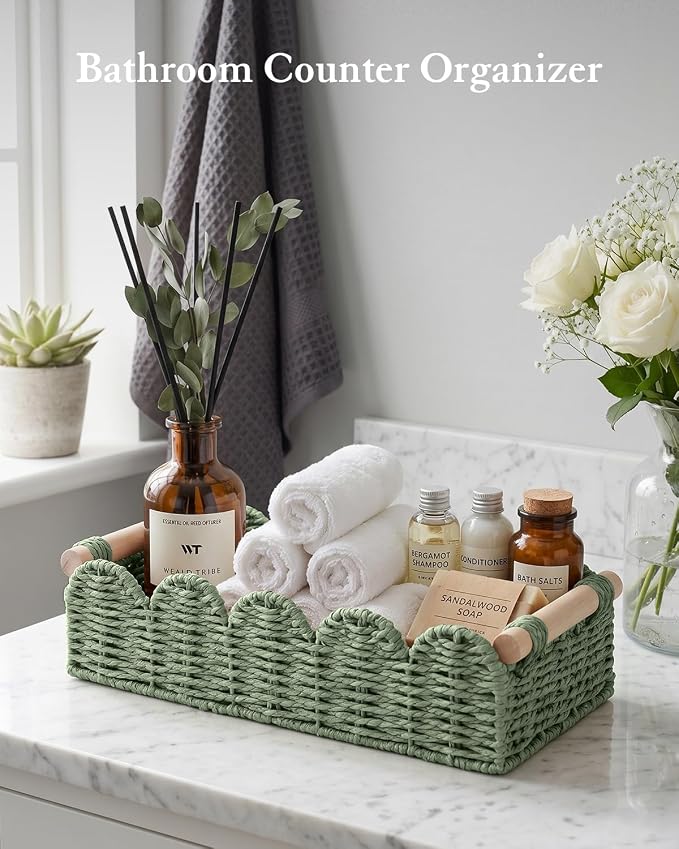 Toilet Paper Storage Basket for Toilet Tank, Bathroom Organizer | Scalloped Decorative Basket for Bathroom Home Decor, Woven Basket for Shelves, Living Room, Countertop, Paper Rope, Green