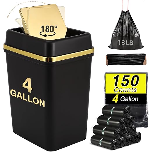 Bathroom Trash Can with Lid 4 Gallon Trash Can with Swing Lid Small Garbage Can Black Bathroom Trash Can with 150 Counts Trash Bags for Kitchen Bedroom Office Dorm