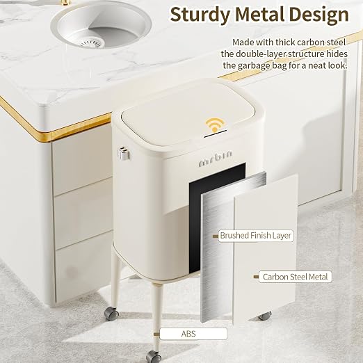 MRBIN Metal Motion Sensor Kitchen Trash Can with Wheel Legs, Slim Waste Basket with Lid, 36L / 9.5gal Pet Proof Tall Narrow Garbage Pail for Vanity, Bathroom, Bedroom, Living Room, White Rose
