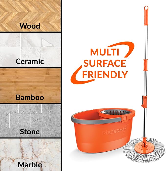 Macromax Faster Spin Mop and Bucket Set with 9 Refill– 360° Rotating Microfiber Mop with Smart Drying System – Adjustable Dampness – Ergonomic Handle – Multi-Surface Floor Cleaning Tool