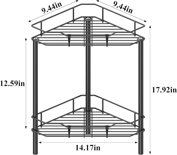 HuggieGems Metal Floor Standing Corner Shower Caddy, Black, 2 Tier | Adhesive Bathroom Organizer Shelves, Free Standing Shower Rack with Hooks, Hold Large Shampoo Bottles