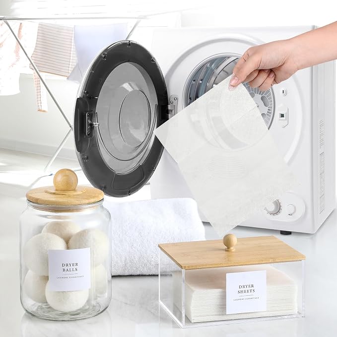 Glass Jars and Dryer Sheet Holder with Bamboo Lids, Dispenser Set and Labels, Containers for Laundry Room Organization and Storage, Half Gallon Airtight jars, Acrylic Storage Box for Laundry supplies