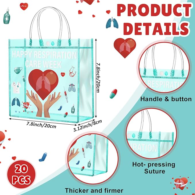 FunooFuno 20 Pcs Respiratory Care Week Appreciation Gift Bags with Handles Respiratory Therapist Clear PVC Bags RT Appreciation Reusable Plastic Gifts for Social Worker Volunteer Doctor Nurse Coworker