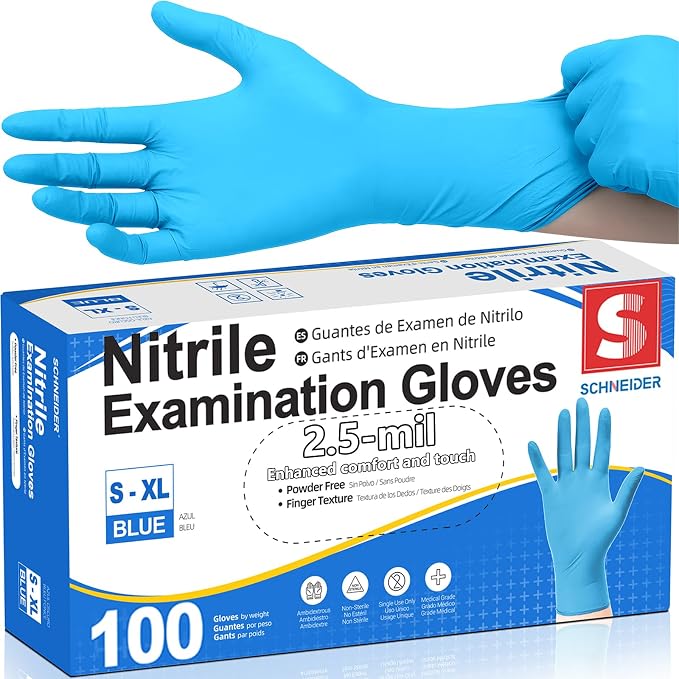 Schneider Medical Exam Glove, Gloves Disposable Latex Free, Powder Free | 2.5-Mil, Blue Nitrile Gloves, Food Safe Gloves, Cooking Gloves, Cleaning Gloves