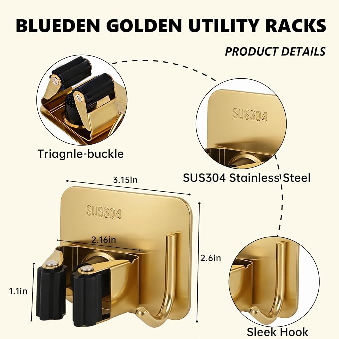 Mop and Broom Organizer Wall Hanging No Drill,Metal Utility Tool Hangers Wall Mountable,Garage Closet Organizer Heavy,Storage Rack Self Adhesive 2Pcs for Bathroom, Kitchen, Office,Laundry.Gold