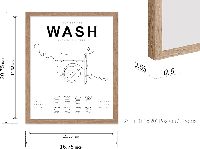 Poster Master 3-Piece Wash Dry Fold Print - Laundry Poster - Line Drawing Art - Black & White Design - Symbols & Guide Art - Minimal Laundry Room Decor - 16x20 Beige Framed