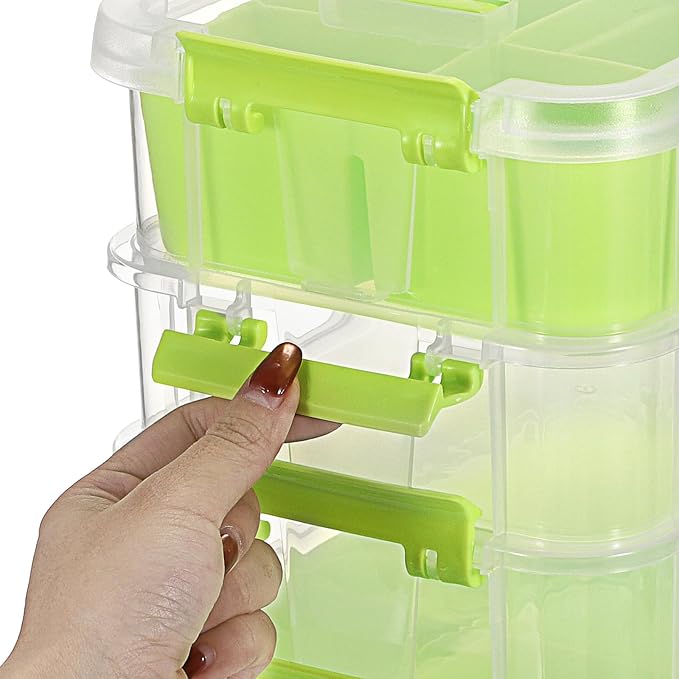 JUXYES 4-Tiers Plastic Stack Carry Storage Containers Box wih Handle Lids | Clear Stackable Latching Storage Bin With 2 Tray for School Office, Organizing Sewing, Art Craft, DIY Supplies, Green