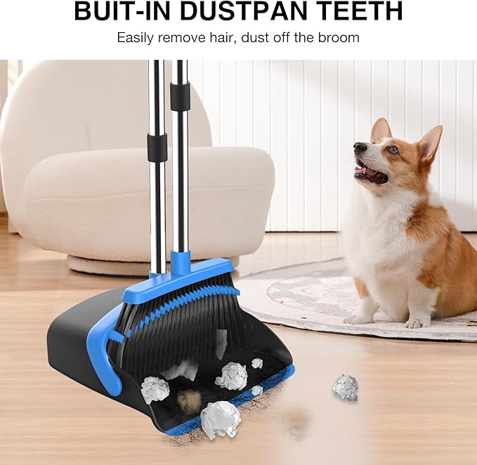 NACENA Broom and Dustpan Set, 52-in Long Adjustable Handle Broom Dustpan Combo with Dustpan Teeth to Automatically Clean Hair Suitable for Home Kitchen Office Hall Floor (Black&Blue),3 Pack