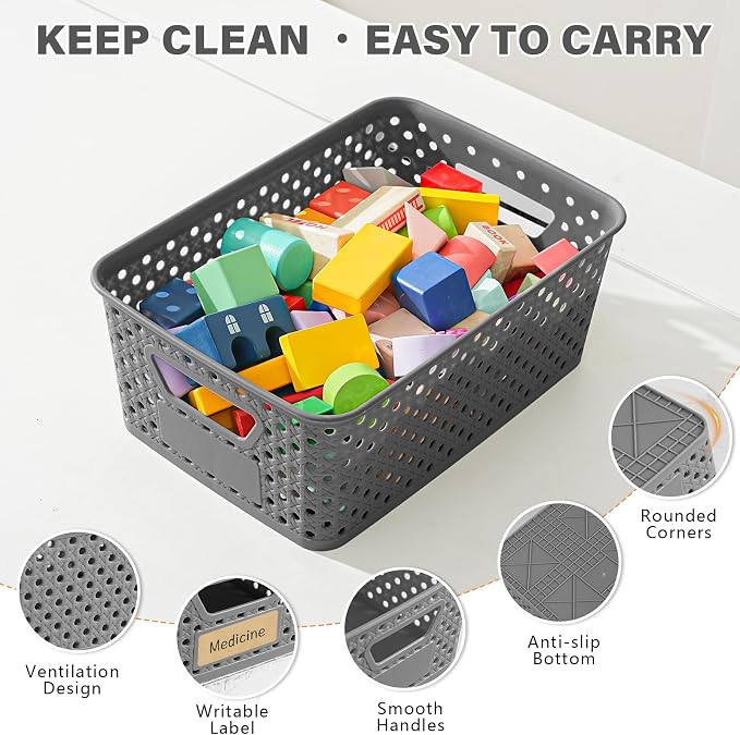 12 Pack Plastic Storage Baskets for Organizing, Storage Baskets for Shelves with Handles, Small Storage Bins with Labels, Classroom Storage Organization for Cabinet,Closet, Office,Gray