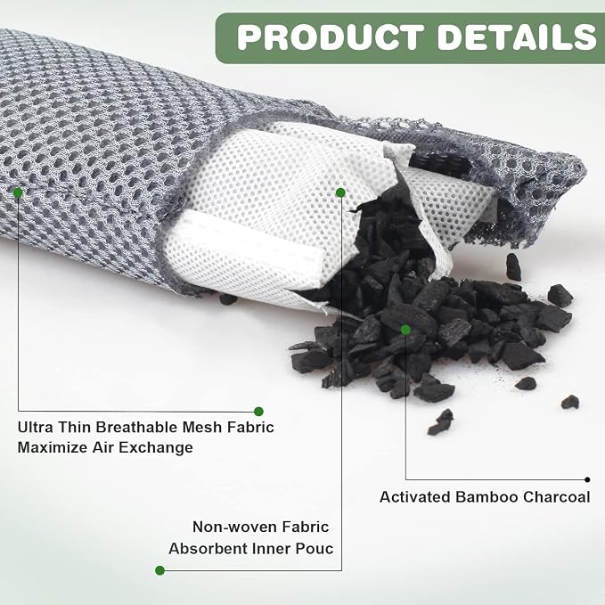 12 Pack Charcoal Shoe Deodorizer Bags inserts, Shoe Odor Eliminator,Drawer Deodorizers, Activated Charcoal Odor Absorber for Gym Bag, Car, Pet, Closet | 100% Natural Shoes Smell Remover，eliminates odor naturally,can be reused up to two years