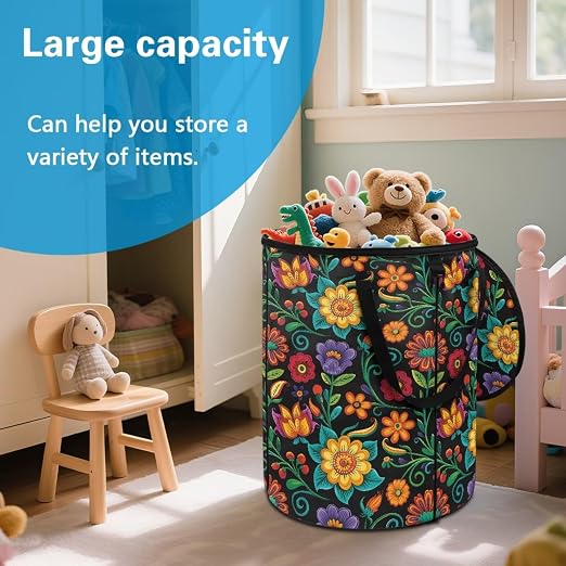 BIGCARJOB Floral Blossoms Collapsible Trash Can Portable Tall Trash Can Oval Recycling Bin 22.83x17.71 Outside Garbage Bin Storage Bag with Clip and Zipper Lid