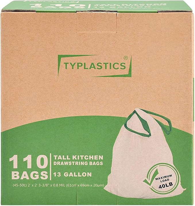 TYPLASTICS Tall Kitchen Drawstring Trash Bags, 13 Gallon, 110 Count | 24in x 27in, Unscented
