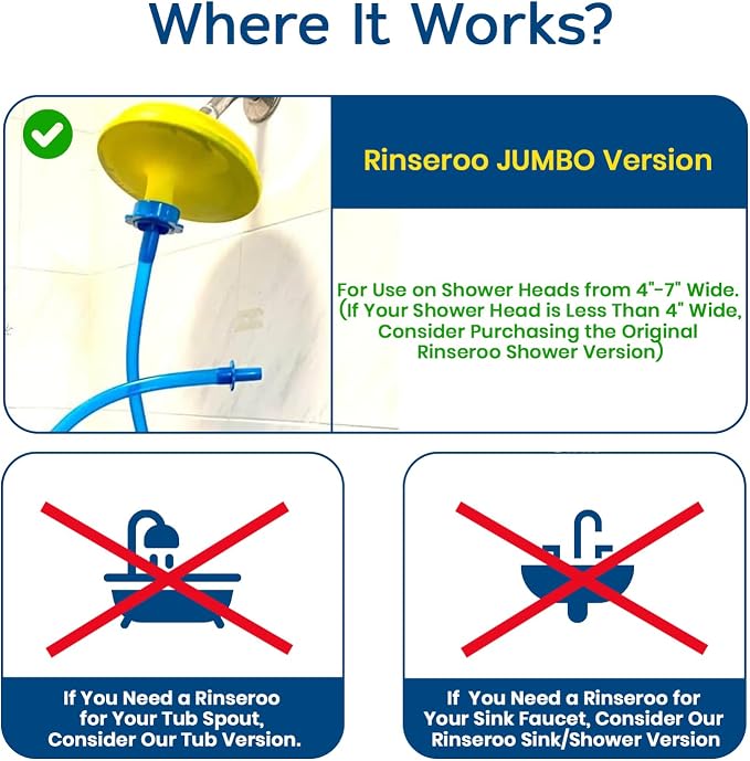 Rinseroo JUMBO Shower Cleaning Thing Slip-On Handheld Hose Attachment | 6 Ft Hose, Fits Up to 7" Shower Head, Fast Mess-Free Wall Rinsing, Converts Standard Shower to Handheld