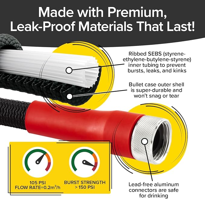Pocket Hose 50 FT Silver Bullet 2.0 Hose, Turbo Shot Nozzle, Kink-Free | Expandable Water Hose with Turbo Shot Nozzle, Flexible Garden Hose, Kink-Free, Leak-Proof & Lightweight