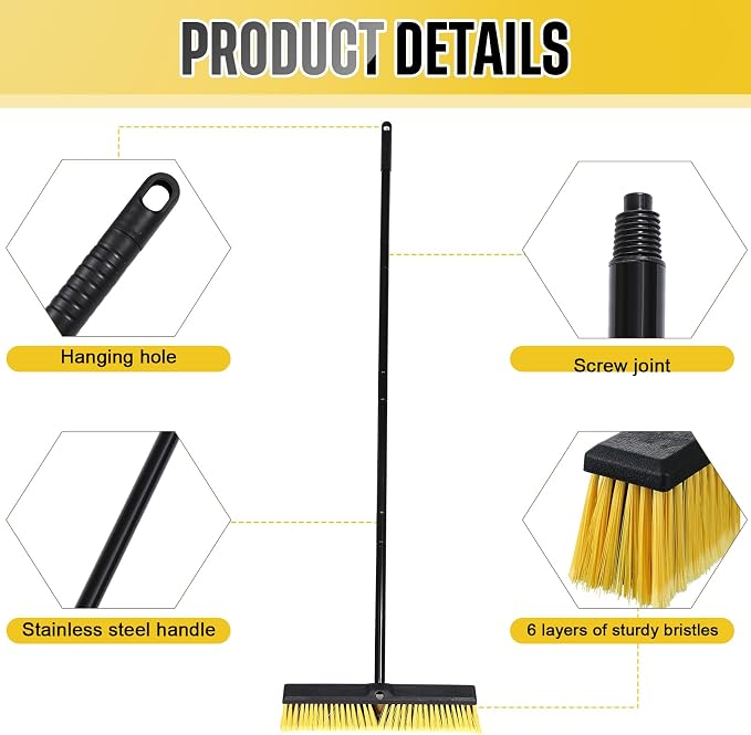 Zhehao 6 Pack 18 Inches Push Broom Outdoor, Multi Surface Garden Brush Broom with Adjustable 63" Long Handle for Deck, Driveway, Patio, Warehouse, Garage, Yard, Concrete Floor Cleaning (Yellow)