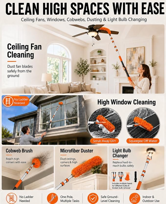 20 FT Ceiling Fan Cleaner Dusters with Telescoping Extension Pole | Extendable Duster for High Ceiling, Light Bulb Changer, Window Squeegee Washing Kit, Cobweb Brush Duster