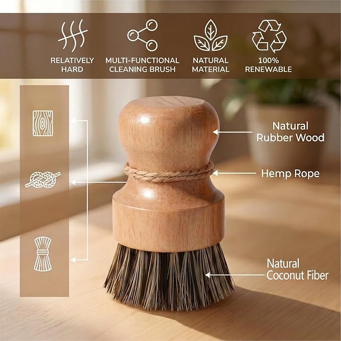 Wood Dish Brush, Natural Fiber Kitchen Scrubber with Ergonomic Grip, 3 Pack | Eco Palm Dish Scrub Brush Set, Natural Rubber Wood Grip Handle for Cleaning Dishes, Pots, Pans, Sink, Tableware, Vegetables