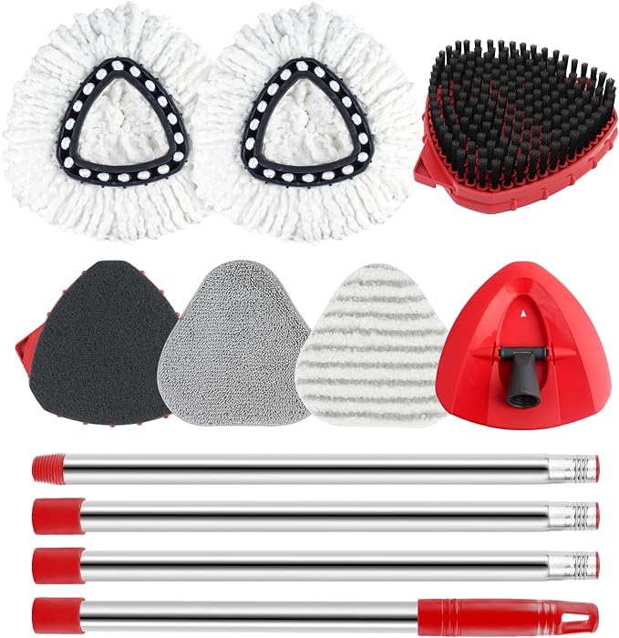 Spin Mop Replacement Head, Brush, Handle, Base for O Cedar 1 Tank System | 2 Microfiber Mops Refills, 2 Scrub Brush Replace Head, 2 Mop Pads, Mop Base, Mop Handle Complete Set for Home, Shower, Office