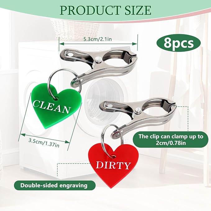 8 PCS Laundry Basket Labels Clean & Dirty Signs Laundry Room Organization Signs Red and Green Stainless Steel Clips Laundry Tags for Inside The Dishwasher Tips for Kids Rooms Bathrooms Laundry Room