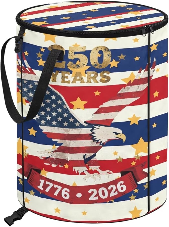 American Eagle Collapsible Trash Can for Outdoor 24 Gallon Foldable Garbage Bin with Lid, Heavy Duty Waterproof Trash Bag Holder for Camping, RV Travel, 4th of July Decor,