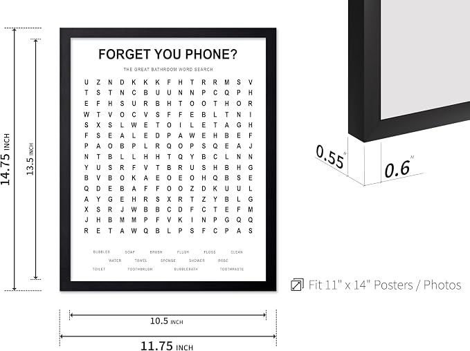 Poster Master 2-Piece Forget Your Phone Print - The Great Bathroom Word & Way Search Poster - Guest Bath Decor - Black & White Design - Powder Room Decor - Fun Restroom Sign - 11x14 Black Framed