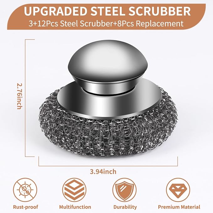 15pcs Steel Wool Scrubber with Replacement Wire Sponge Pads, Steel Scrubber | Stainless Steel Scrubber with Handle for Scouring Stubborn Messes from Cast Iron, Pots, Grill, Stoves, (3 Scrub+12 Pads)