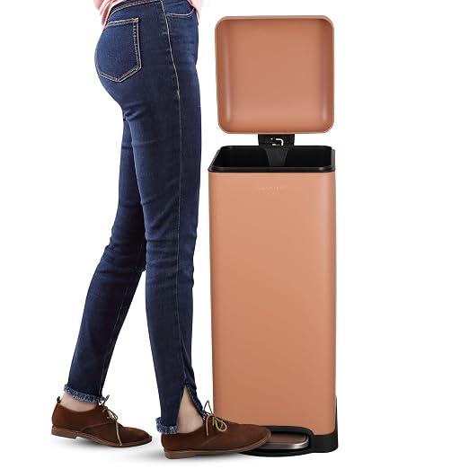 happimess Betty 8 Gal Step Trash Can Soft-Close Lid, Clay Rose | Removable Liner, Semi-Rectangular, Steel Pedal, Iron Powder Coated, 27" Height, Non-Skid Base