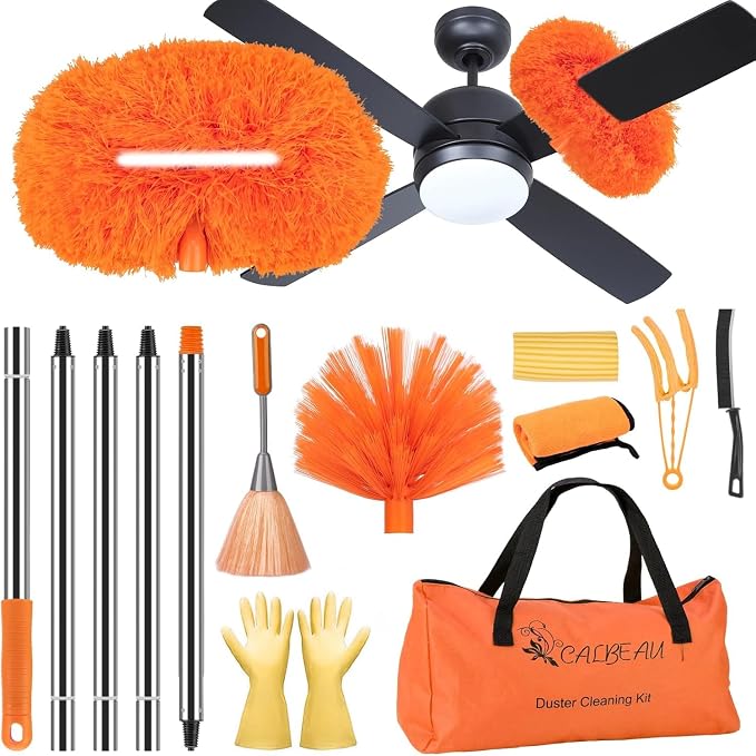 CALBEAU Ceiling Fan Cleaner Duster Kit with 60" Extension Pole, 14 PCS | 14"-60" Adjustable Pole; Ceiling Fan Duster, Cobweb Brush; High Fans, Webs, Blinds; Storage Bag