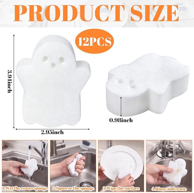 Tioncy 12 Pack Halloween Skull Kitchen Sponges, White | Dual Sided Scrubber, Cute Halloween Decor, Reusable Non Scratch Dishwashing, for Cookware Pot Boiler Pan Household