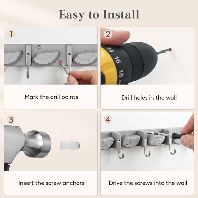 Lifewit Mop and Broom Holder Organizer Wall Mount Non-Slip, 2 Pack, Gray | Easy Install One Handed Push Cleaning Tool Hanger with 6 Hooks 5 Slots, Heavy Duty Hanging Utility Rack for Garden, Garage