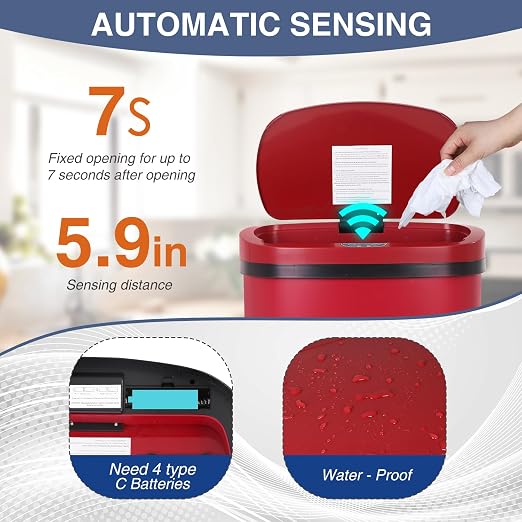 PayLessHere | 13 Gallon Stainless Steel Trash Can | Red | Automatic Touchless Lid with Motion Sensor | Kitchen Garbage Can with Waterproof Design | for Home, Office, Bathroom | Pack of 1