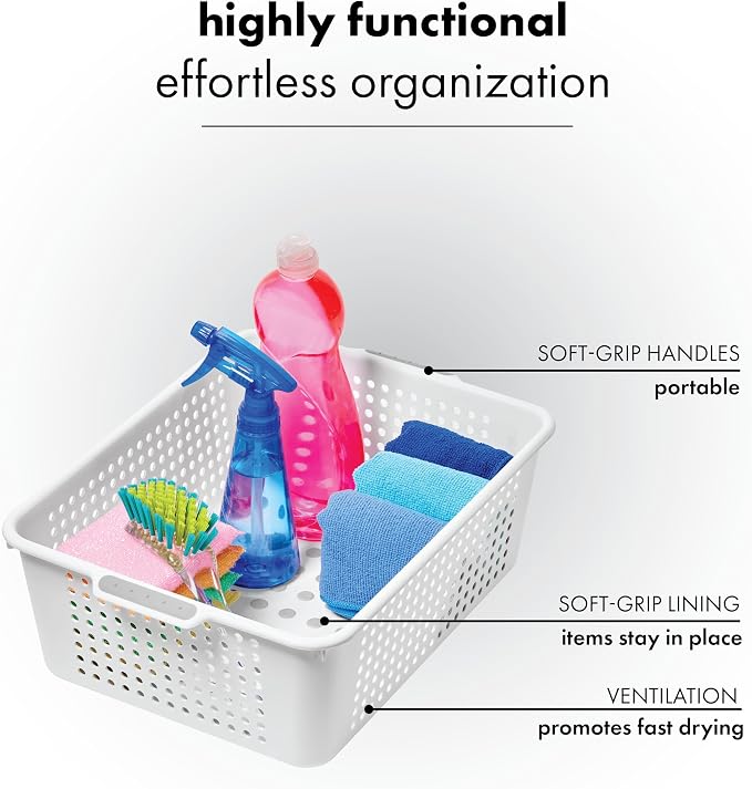 madesmart Classic Large Storage Basket with Soft Handle, White | non slip feet, rounded corners, side handles, easy carry, soft grip bottom, general storage, woman owned