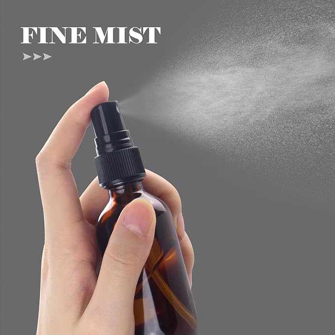 4 oz Mini Glass Spray Bottles, Empty Small Spray Bottles with Funnel Dropper, Fine Mist for Hair, Travel, Plants, Cleaning Solutions and Skin Care (4 Pack Amber)