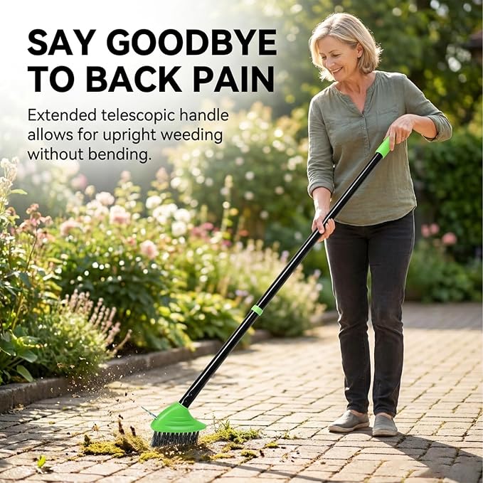 SakerPlus 3-in-1 Versatile Weed Brush Combo Set with Long Handle (1pack) | Crack Weeder Brush, Wire Floor Scrubber, Triangular Brush, Scraper, Steel Wire Bristles for Patio, Driveway, Deck